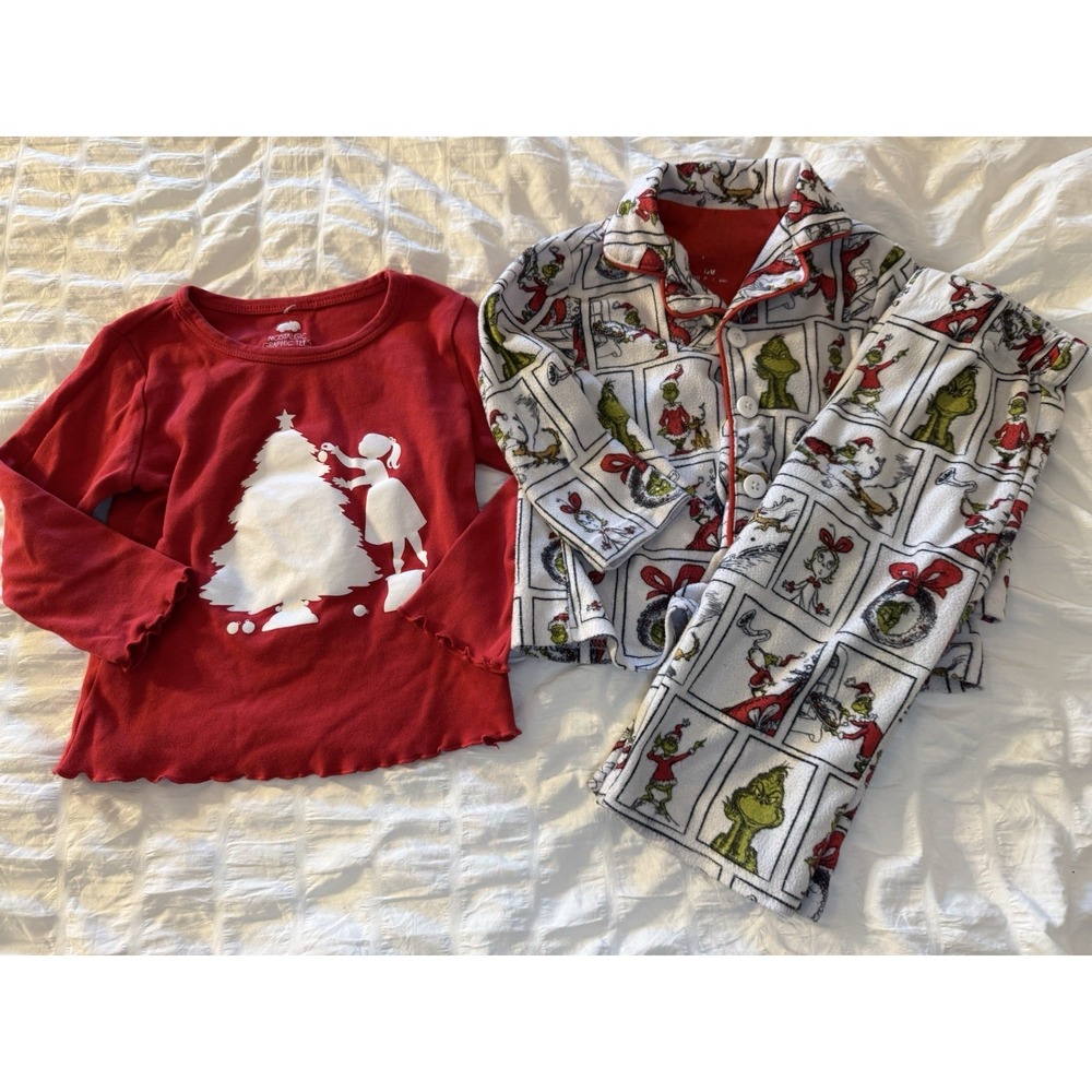 12 & 12/18 Month Christmas Bundle-Grinch fleece Pjs And 100% Cotton Graphic Tee - Picture 1 of 4